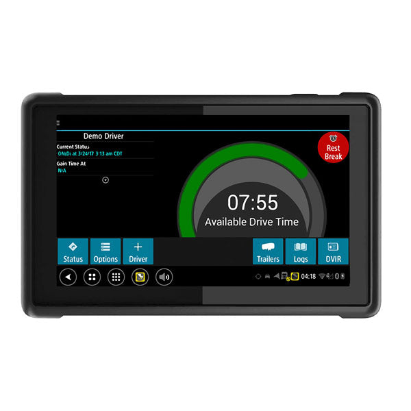 A digital truck driver log device screen displays available drive time, a circular timer showing 7:55 hours, and menu options including Status, Options, Trailers, Logs, and DVIR.
