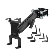 The Slim-Grip® Tablet Holder with Forklift Front Guard Mount and 10.25 metal arm, featuring removable corner grips and an adjustable cradle clamp, is shown in black and silver against a white background.