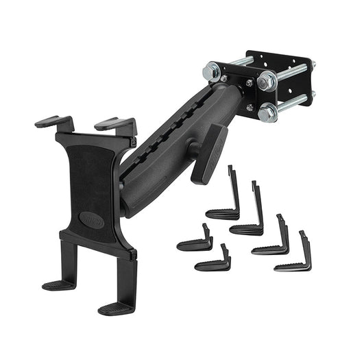 The Slim-Grip® Tablet Holder with Forklift Front Guard Mount and 10.25 metal arm, featuring removable corner grips and an adjustable cradle clamp, is shown in black and silver against a white background.