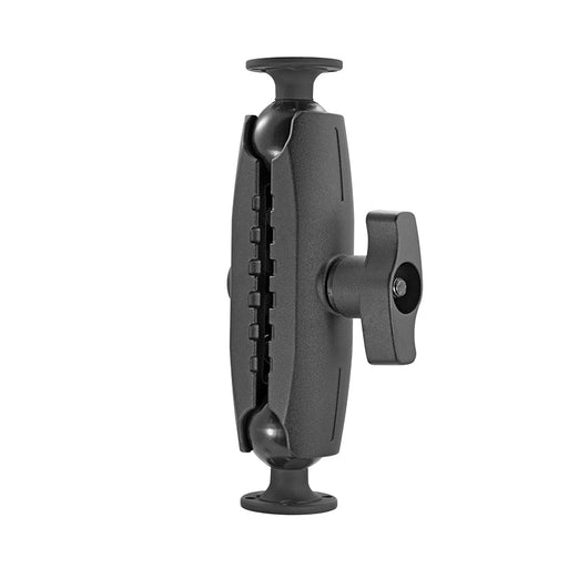 The 11 Heavy-Duty Metal AMPS Mount - 57mm (2.25 inch) Ball Compatible features a black dual-socket arm with a center tightening knob, round ball joints, and a sturdy 4-hole AMPS base for industrial device mounting.
