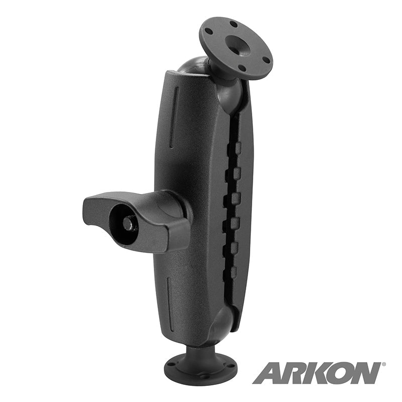The 11 Heavy-Duty Metal AMPS Mount features black adjustable arms, round 4-hole AMPS drill plates, a central tightening knob, and is 57mm (2.25) ball compatible with the ARKON logo on the lower right.