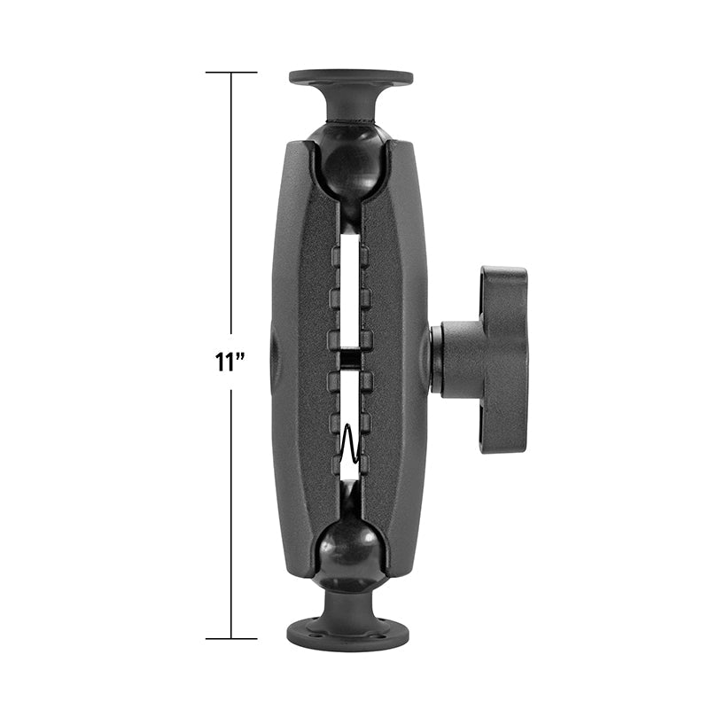 The 11 Heavy-Duty Metal AMPS Mount features a side knob, 11-inch vertical arm, and 4-hole AMPS drill base. Compatible with 57mm (2.25 inch) balls, it’s ideal for industrial device mounting. Black metal; isolated on white background.