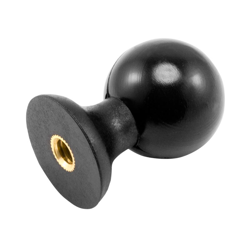 The 1/4-20 Camera Thread to 25mm Swivel Ball Adapter is a black, spherical mount with a flat base and brass camera thread, perfect for attaching cameras to various mounting systems or as a 25mm ball adapter for Arkon mounts.