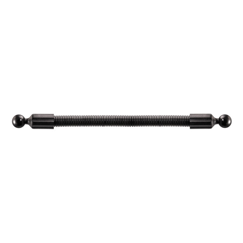 The 15.5 inch Double Socket Arm Extension Pole features 25mm (1 inch) ball ends on both sides, perfect for extension or 25mm mounting setups; black metal design, shown on a white background.