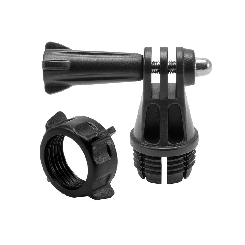 The 17mm Ball Mount Connection to GoPro HERO Lateral Prong Adapter for GoPro Mounts is a black plastic adapter with a removable threaded ring, compatible with GoPro cameras and 17mm ball mounts, shown on a white background.