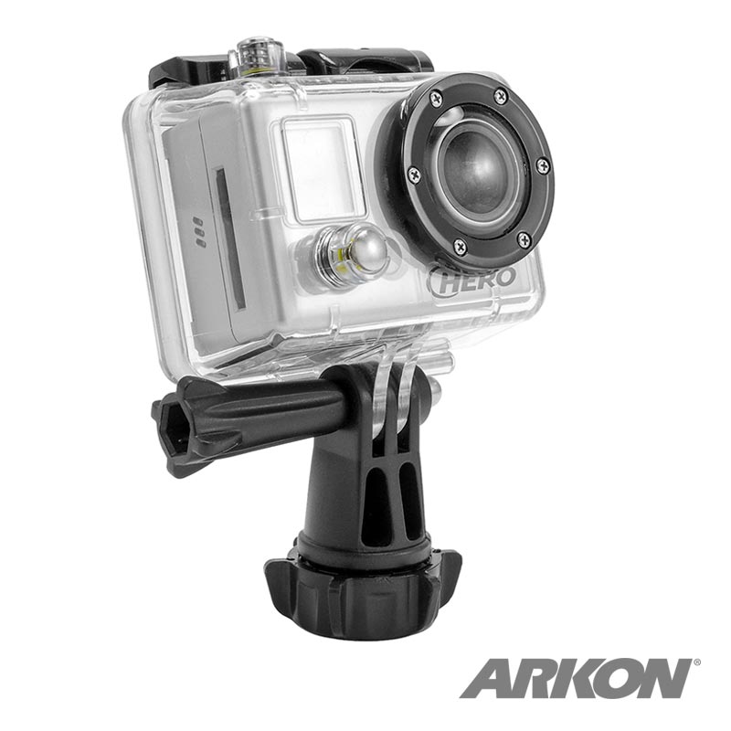 A GoPro HERO is attached to a clear waterproof case and mounted on ARKON’s 17mm Ball Mount Connection with Lateral Prong Adapter for GoPro Mounts. The ARKON logo is displayed in the lower right corner.