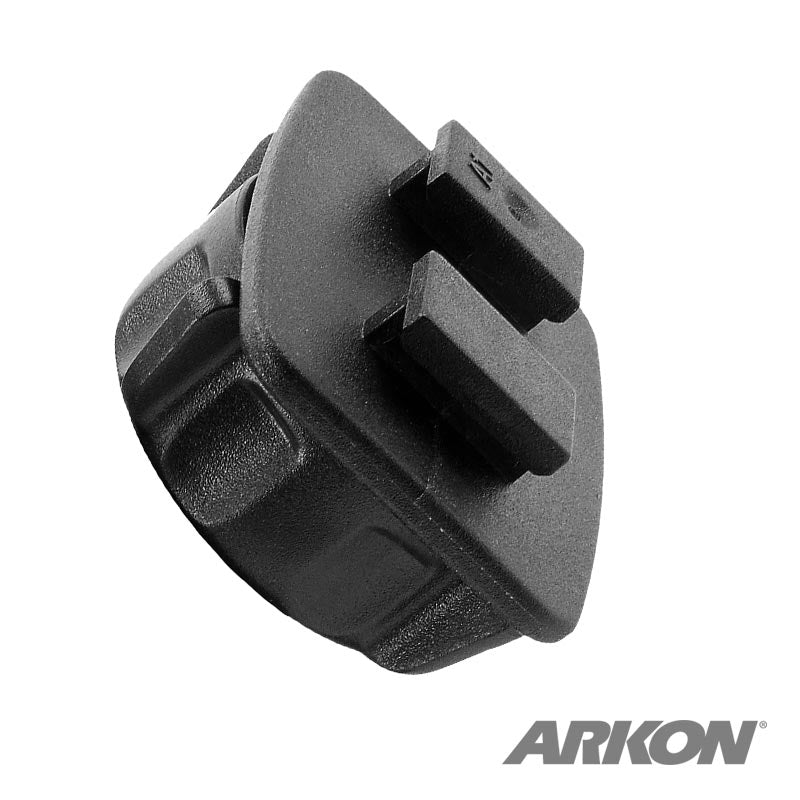 The 17mm Ball to Dual T-Tab Adapter for Dual T-Slot Pattern Smartphone and Tablet Holders is a black plastic mount with two raised rectangular slots, shown angled on a white background. The ARKON logo appears in the bottom right corner.
