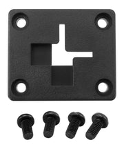 The 2-Way Single T-Slot Pattern to 4-Hole AMPS Adapter Plate is black with a cross-shaped cutout and four corner holes, shown alongside four matching black screws for quick-release mounting.