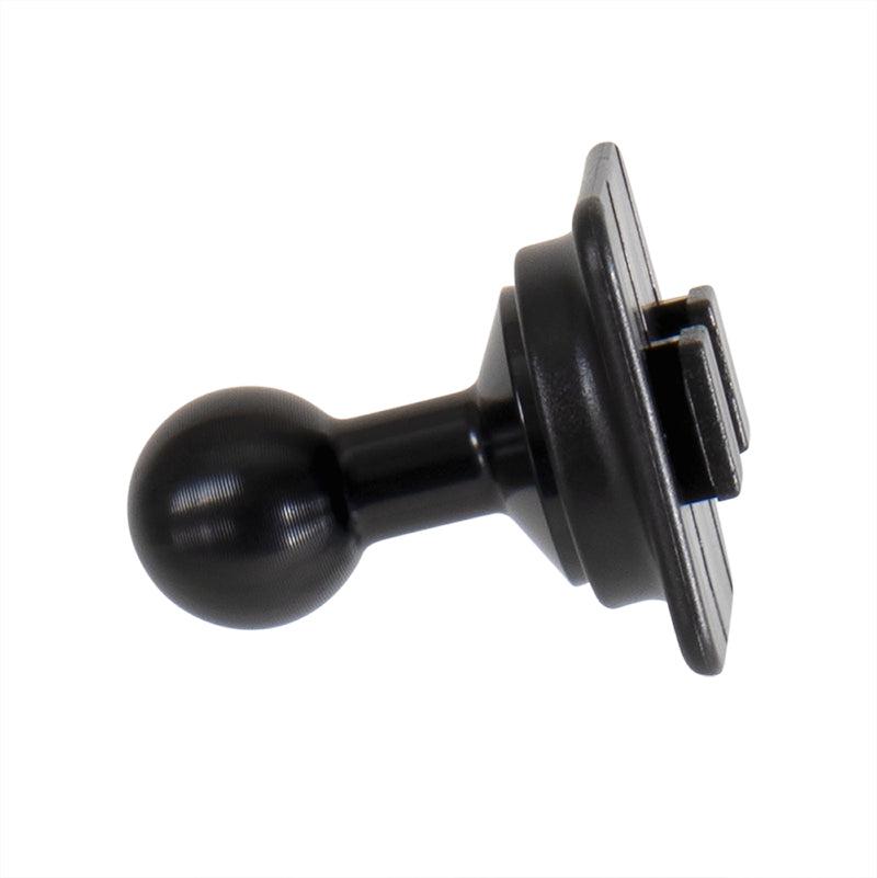The 20mm Aluminum Ball to Dual T-Tab Adapter is shown against a white background, featuring a round aluminum ball on one end and a grooved rectangular plate compatible with Dual-T-Tab slot holders on the other.