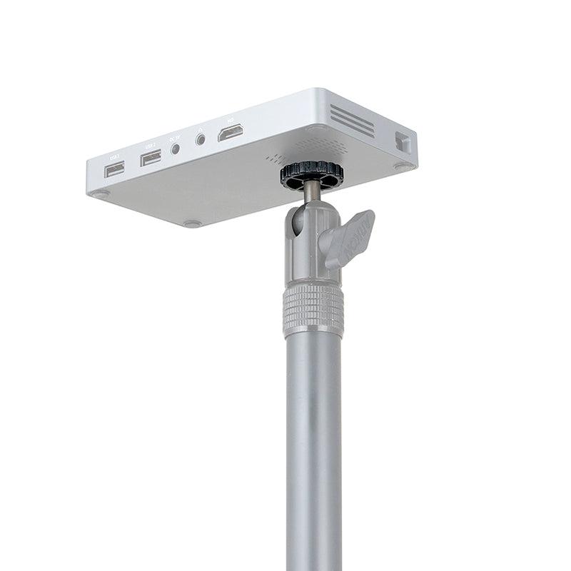 A close-up shows a silver adjustable pole attached to a rectangular device with USB and HDMI ports, featuring the 20mm Metal Ball to 1/4-20 Camera Bolt Adapter secured by a tightening knob.