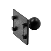 The 20mm Swivel Ball to 4-Prong iGRIP Mounting Pattern Adapter is a black, square metal knob with a round handle and integrated prongs, designed for secure panel or furniture attachment as a 4-prong mounting adapter.