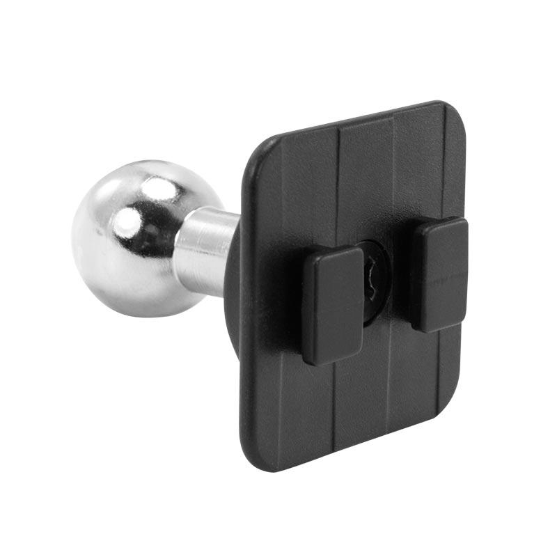 The 20mm Swivel Ball to Dual T-Tab Adapter features a metal ball-and-socket joint mounted on a square black plastic plate with two front clips, creating a heavy-duty mounting pedestal.