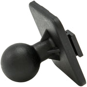 The 20mm Swivel Ball to Dual T-Tab Adapter is a black plastic ball adapter with a square flat base and round ball joint, designed for attaching devices. It is Dual-T compatible for heavy-duty mounting pedestals.