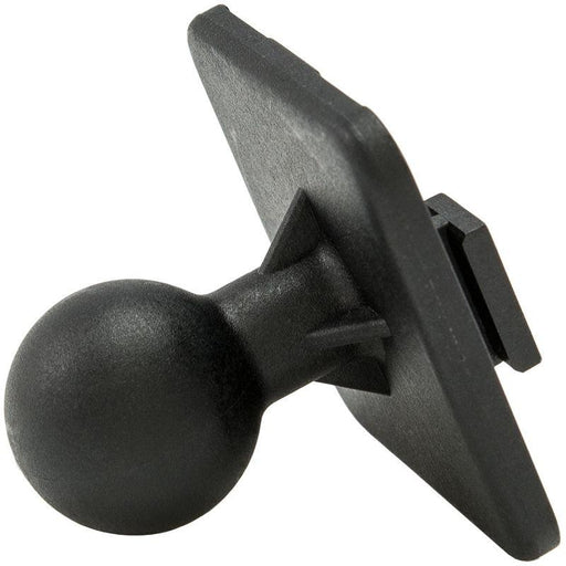 The 20mm Swivel Ball to Dual T-Tab Adapter is a black plastic ball adapter with a square flat base and round ball joint, designed for attaching devices. It is Dual-T compatible for heavy-duty mounting pedestals.