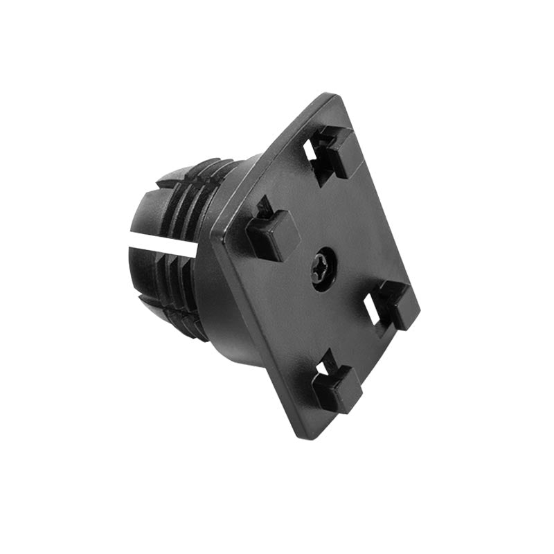 The 22mm Ball to 4-Prong iGRIP Adapter is a black, square plastic end cap with a ribbed insert and four raised tabs, designed for easy integration with Arkon mounts via its 4-prong iGRIP compatible design for square tubes or pipes.
