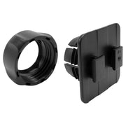 Two black plastic parts: a circular threaded ring on the left and a square panel with tabs and clips on the right, likely components of the 22mm Ball to Dual T-Tab Adapter for Dual T-Slot Pattern Smartphone and Tablet Holders.