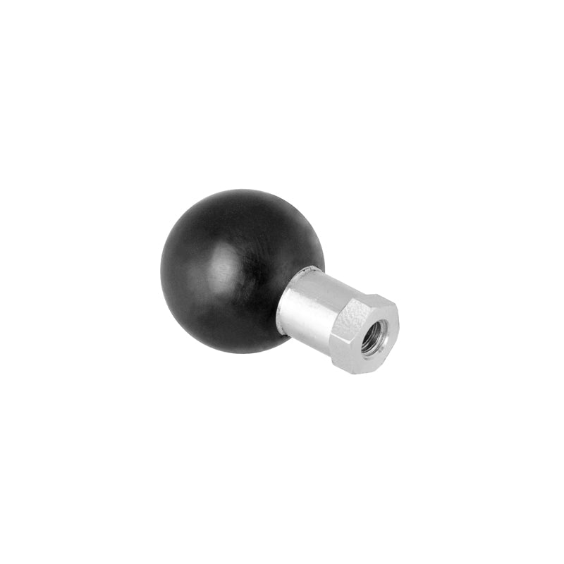 The 25mm (1 inch) Ball Adapter to 1/4-20 Female Threaded Hole features a black round knob on a silver hexagonal metal base, shown isolated on a white background.