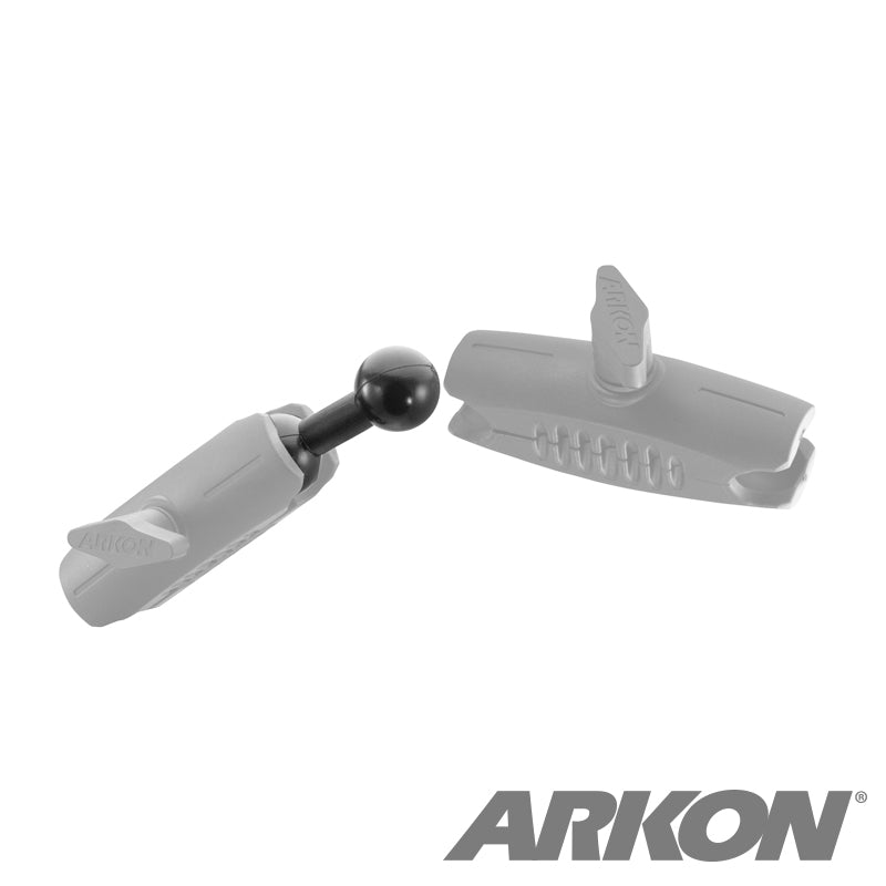 The 25mm (1 inch) Ball to 25mm (1 inch) Ball Adapter is displayed disassembled with two gray Arkon mounting arms and ball joints, plus the Arkon logo at the bottom right on a white background—perfect for custom mount setups.