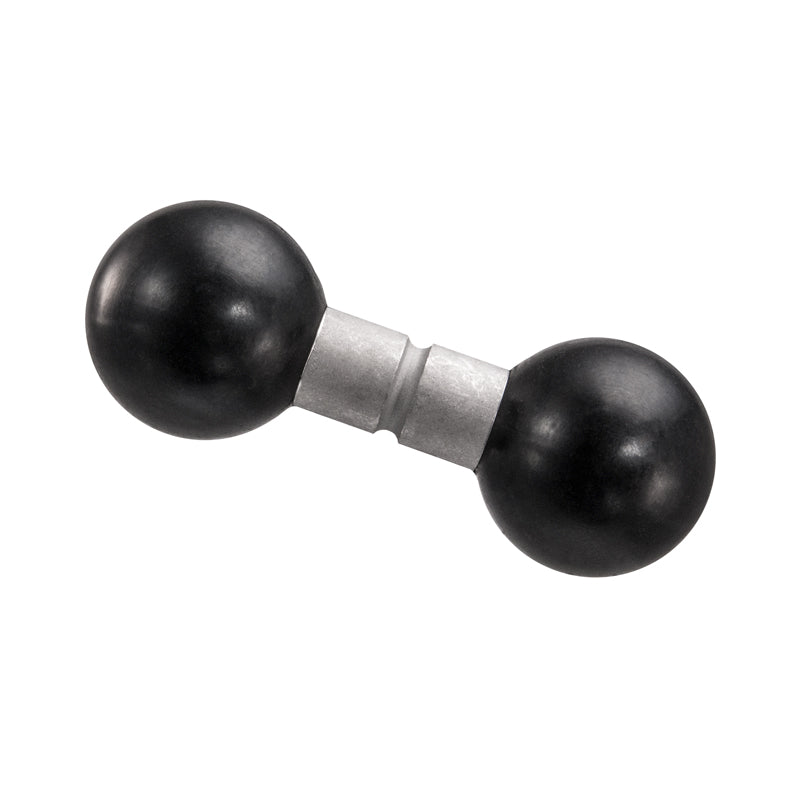 A 25mm (1 inch) Ball to 25mm Ball Adapter is shown, featuring round black ends and a short silver center, photographed on a white background, resembling a small dumbbell or an Arkon Robust Mount accessory.