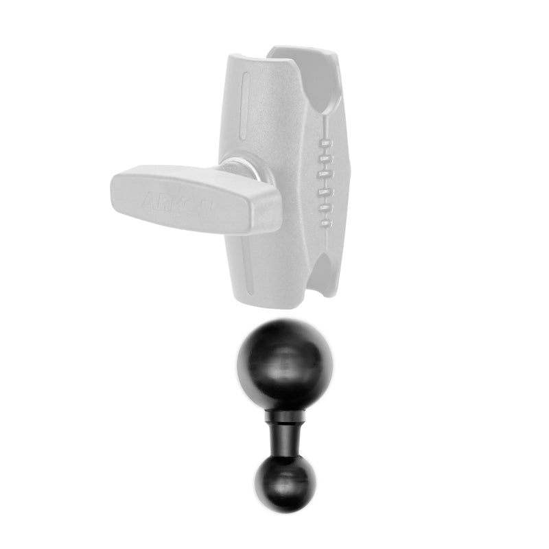 A black 25mm (1 inch) Ball to 38mm (1.5 inch) Ball Adapter with a short neck is shown below a translucent grey mounting clamp, highlighting its RAM Mounts compatible ball joint design.