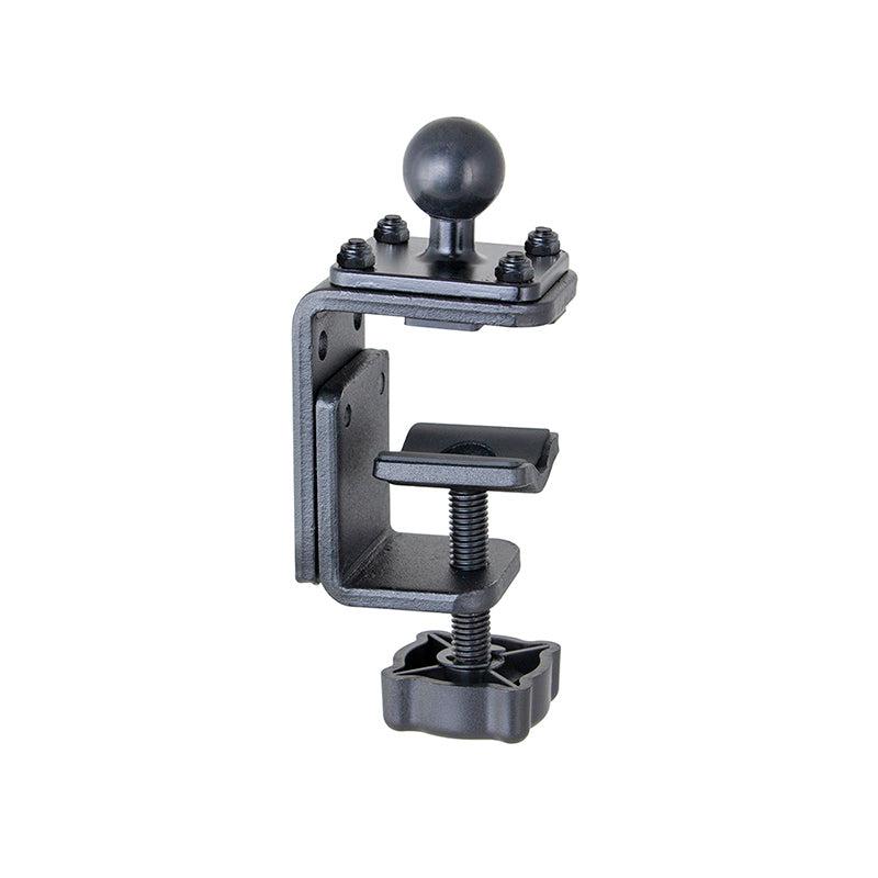 The 25mm (1 inch) Ball to Adjustable Clamp Adapter features a threaded screw handle, round ball mount, and sturdy black metal build—perfect for securely attaching mounts or devices to different surfaces.
