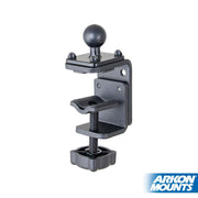 The 25mm (1 inch) Ball to Adjustable Clamp Adapter is a black metal mount with a screw-tight clamp and ball attachment, shown on a white background with the Arkon Mounts logo at the bottom right corner.