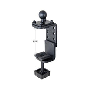 The 25mm (1 inch) Ball to Adjustable Clamp Adapter is a black metal clamp with a round knob, adjustable screw base, and 3.375-inch marking, designed to secure devices to desks or flat surfaces with compatible mounts or Arkon Robust Series clamp bases.
