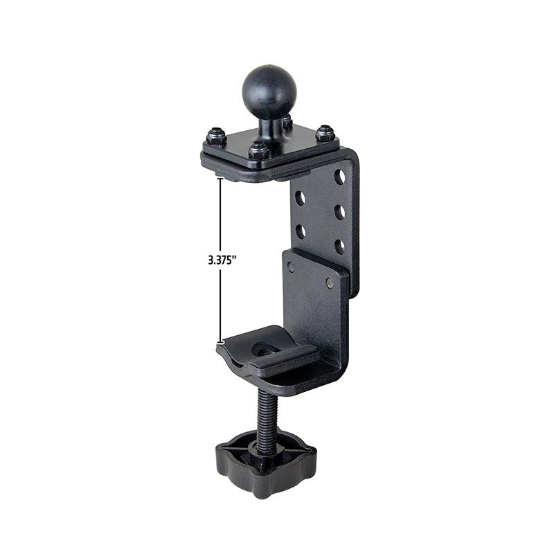 The 25mm (1 inch) Ball to Adjustable Clamp Adapter is a black metal clamp with a round knob, adjustable screw base, and 3.375-inch marking, designed to secure devices to desks or flat surfaces with compatible mounts or Arkon Robust Series clamp bases.