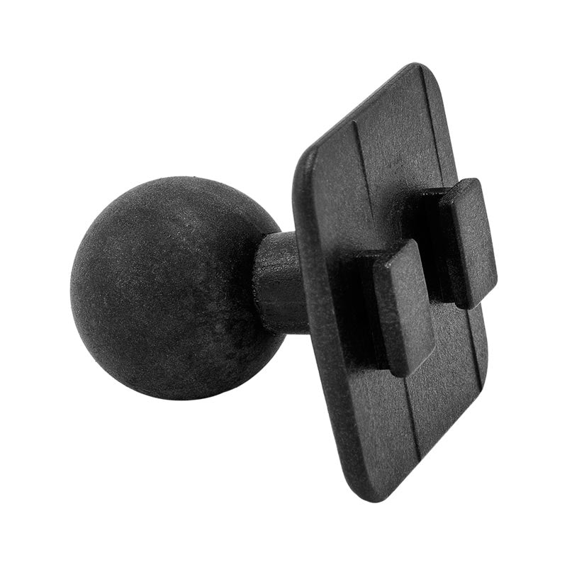 The 25mm (1 inch) Ball to Dual T-Tab Mounting Pattern Adapter is a black plastic mount with a round ball on one end and a flat plate with two clips on the other, Arkon Dual-T compatible, shown on a white background.