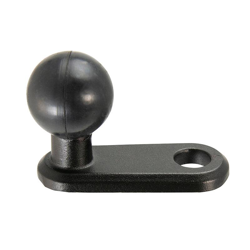 The 25mm Ball to 11mm Bolt Head Adapter features a black metal base with a 25mm ball mount on one end and an oval plate with an 11mm bolt hole on the other, ideal for securely adding accessories or devices to your setup.