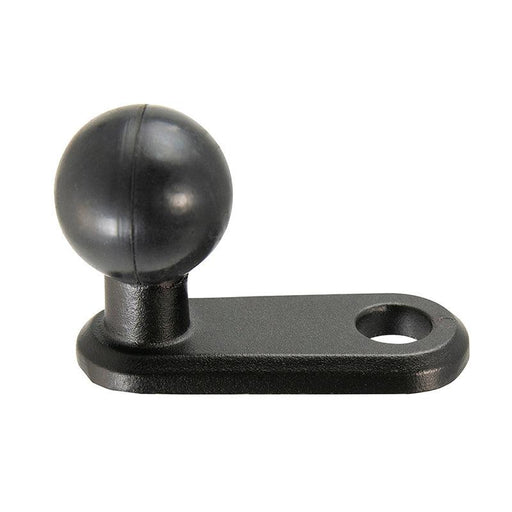 The 25mm Ball to 11mm Bolt Head Adapter features a black metal base with a 25mm ball mount on one end and an oval plate with an 11mm bolt hole on the other, ideal for securely adding accessories or devices to your setup.