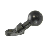 A black metal 25mm ball to 9mm angled bolt head adapter with a flat base and attachment hole, ideal for mounting or securing devices like motorcycle mirrors.