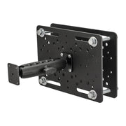 The 25mm Metal Robust Forklift AMPS Mount is a black, heavy-duty aluminum mount with multiple holes and bolts, plus a protruding arm for securely attaching devices to flat surfaces—ideal for use on warehouse vehicles.