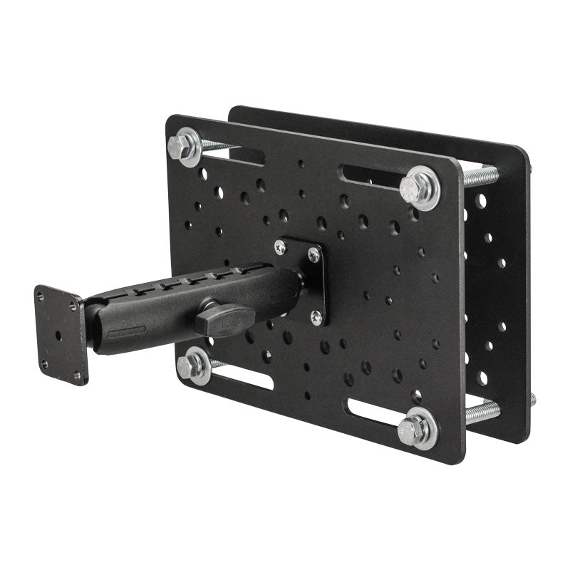The 25mm Metal Robust Forklift AMPS Mount is a black, heavy-duty aluminum mount with multiple holes and bolts, plus a protruding arm for securely attaching devices to flat surfaces—ideal for use on warehouse vehicles.