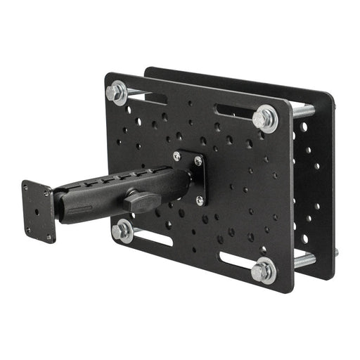 The 25mm Metal Robust Forklift AMPS Mount is a black, heavy-duty aluminum mount with multiple holes and bolts, plus a protruding arm for securely attaching devices to flat surfaces—ideal for use on warehouse vehicles.