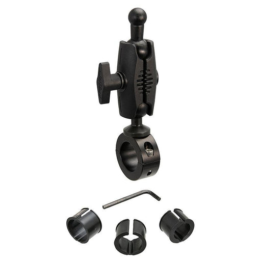 A 25mm robust aluminum motorcycle handlebar mount (17mm ball compatible) with a handlebar clamp, three plastic insert sizes, and an Allen wrench displayed below it.