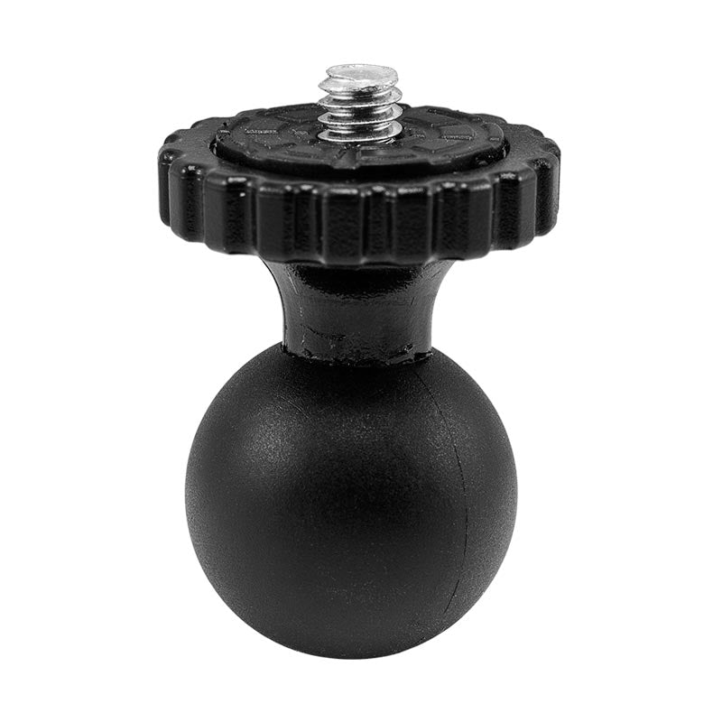 The 25mm Swivel Ball to 1/4-20 Camera Mounting Bolt Adapter is a black accessory with a textured knob, designed for attaching cameras or GPS devices to compatible mounting systems.