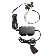 A black Arkon 30W 2-Port Quick Charge 3.0 and USB-A Car Fixed Install Charger with attached cables, exposed red/black wires, fuse holder, and connector plug for electronic device installations.