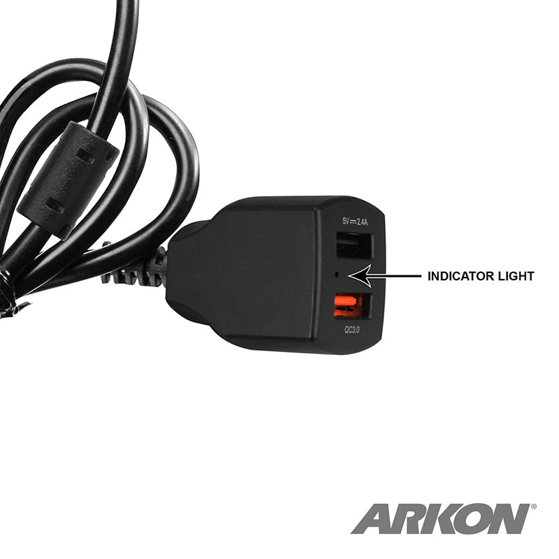 The 30W 2-Port Quick Charge 3.0 and USB-A Car Fixed Install Charger features a black design with two ports (one QC3.0, one USB-A 5V/2.4A), an indicator light, black cable, and “ARKON” branding in the bottom right corner.
