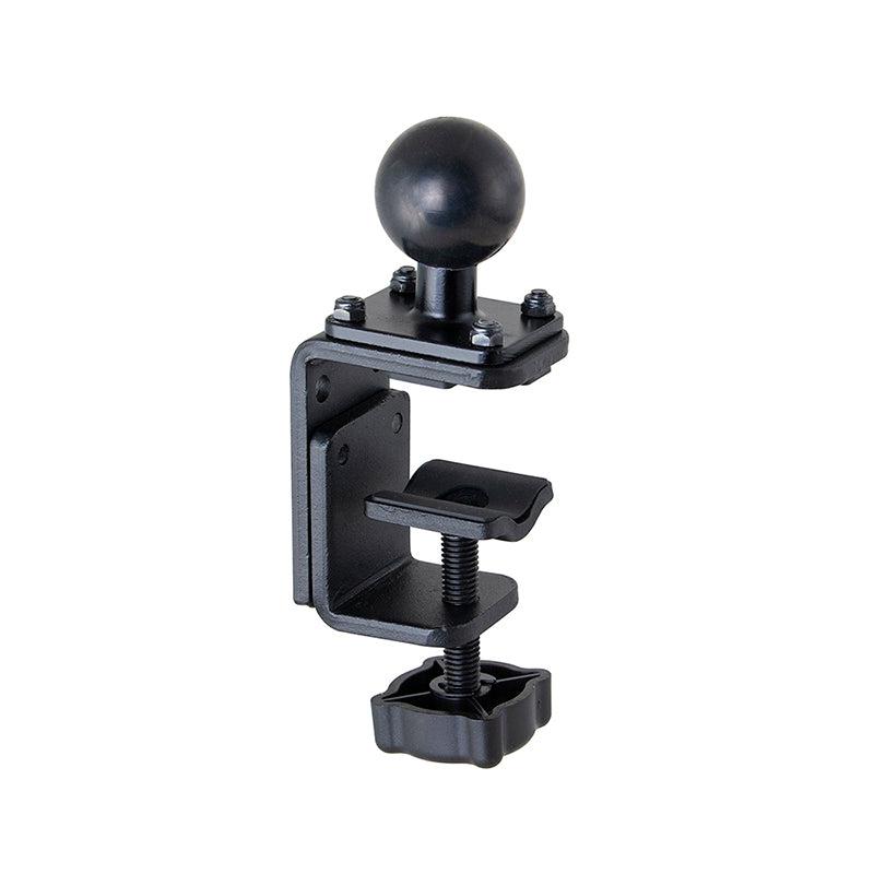 The 38mm (1.5 inch) Ball to Adjustable Clamp Adapter features a black metal clamp base mount with a round ball top and a screw knob for securing to tables or desks. Compatible with the Arkon Robust Series.