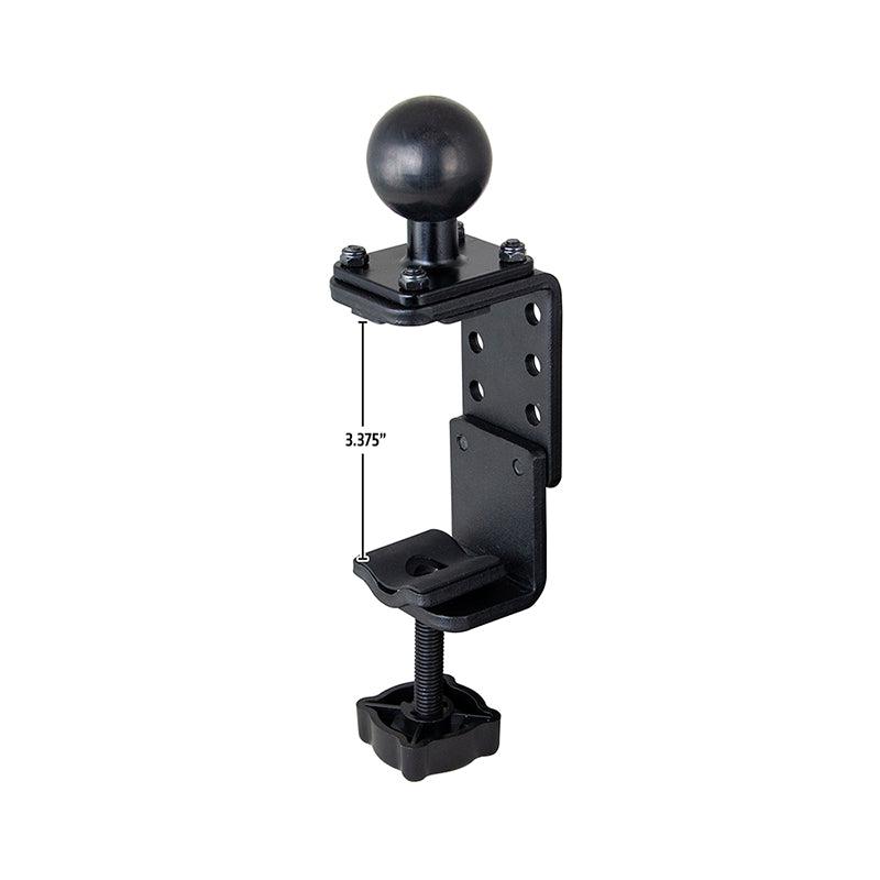 The 38mm (1.5 inch) Ball to Adjustable Clamp Adapter features a round ball joint, an adjustable clamp mechanism, a 3.375-inch-high clamp base, and multiple holes for versatile mounting options.