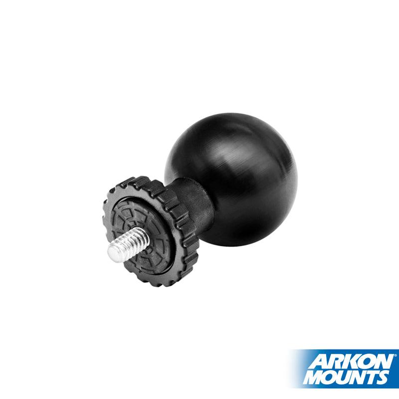 The 38mm Swivel Ball to 1/4-20 Camera Mounting Bolt Adapter, shown in black with a round ball joint, fits 38mm ball camera mounts and RAM Mounts Size C; displayed on white with the Arkon Mounts logo at bottom right.