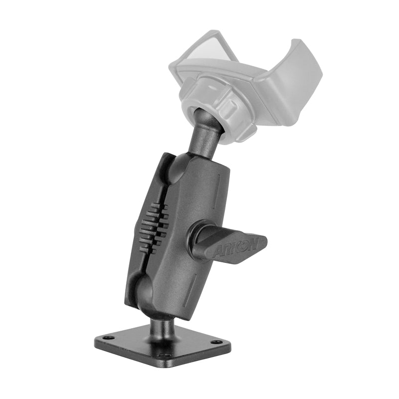 The 4-Hole AMPS Mounting Plate with 17mm Ball and Shaft Arm is a black, adjustable bracket designed for secure device or accessory attachment, featuring a square mount base and versatile positioning options.