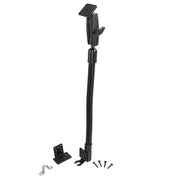 The 4-Hole AMPS Pattern Car or Truck Seat Rail or Floor Mount Pedestal features a black adjustable gooseneck arm with a rectangular AMPS plate, metal brackets, and screws for installation, displayed on a white background.