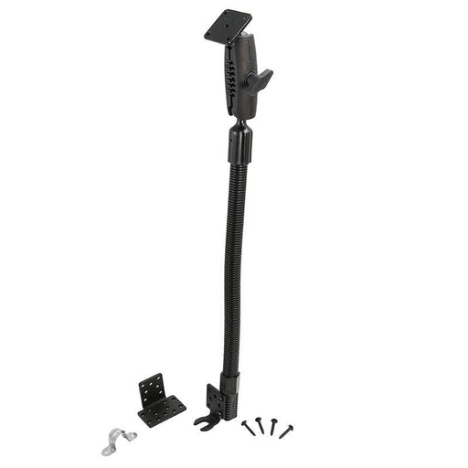 The 4-Hole AMPS Pattern Car or Truck Seat Rail or Floor Mount Pedestal features a black adjustable gooseneck arm with a rectangular AMPS plate, metal brackets, and screws for installation, displayed on a white background.