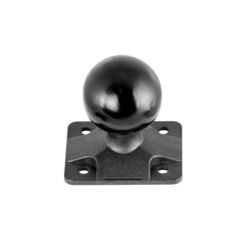 The 4-Hole AMPS to 38mm (1.5 inch) Ball Adapter features a black 38mm ball on a square base plate with the AMPS four-hole pattern, shown from above against a white background.