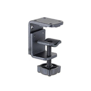 The 4-Hole AMPS to Adjustable Clamp Adapter is a black metal accessory with a screw mechanism and large plastic knob, featuring an adjustable clamp base for mounting or securing objects to surfaces such as desks or tables.