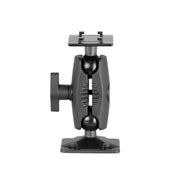 Side view of the 4 inch 4-Hole AMPS Drilled Base Mount - 4-Prong Compatible, featuring a black heavy-duty bracket with a tightening knob and two flat base plates for secure surface attachment.