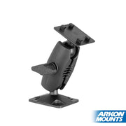 The 4 inch 4-Hole AMPS Drilled Base Mount - 4-Prong Compatible features a black, heavy-duty design with an adjustable swivel base and flat AMPS plate. Displayed on a white background with the Arkon Mounts logo in the bottom right corner.