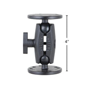 The 4-Inch Heavy-Duty 4-Hole AMPS Mount features two round plates joined by a central joint and a side tightening knob. Its adjustable, stands 4 inches tall, and supports AMPS-compatible accessories.